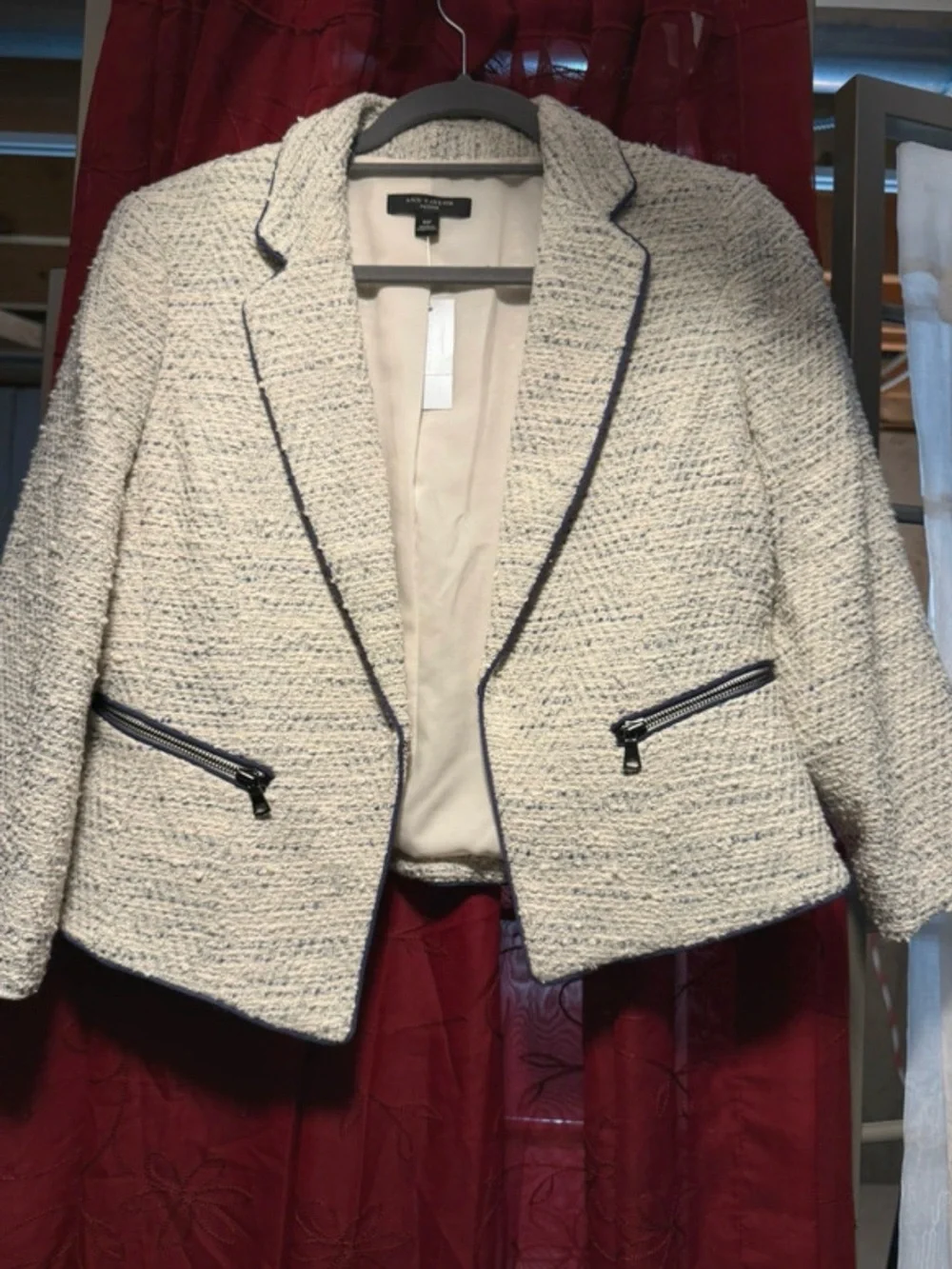 Ann Taylor Cream Tweed Blazer with Contrast Trim